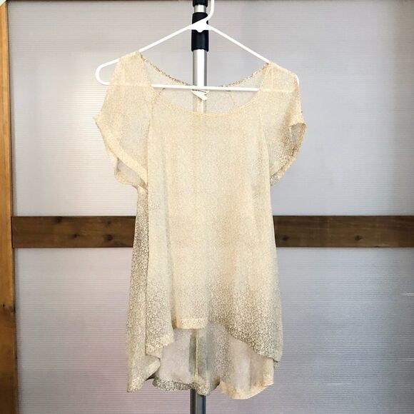 CLUB MONACO Silk Sheer Cold Shoulder Short Sleeve Blouse Yellow Grey Print Sz XS - Picture 1 of 8